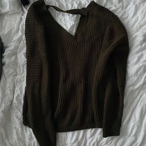 Olive green sweater deep v cutout detail back